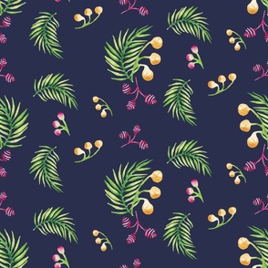 Large Scale Tropical Leaves with Yellow and Fuchsia Berries on Indigo  18in x 9in Repeat