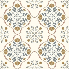 Soft Teal and Gold Geometric Ogee Floral Block Print - Large