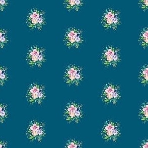 Small Scale Watercolour Ditsy Blush Coral Purple Flowers and Indigo Leaves on Teal 3in x 1.5in Repeat