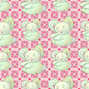 (L) Sleepy Bunny on Pink & Green Abstract Geometric Background