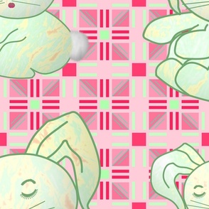 (XXXL) Sleepy Bunny on Pink & Green Abstract Geometric Background