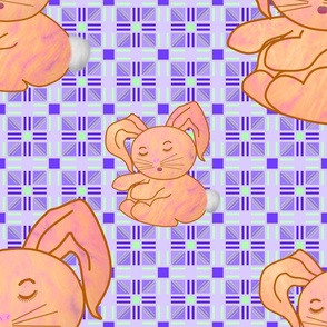 (XXXL) Sleepy Bunny on Purple & Teal Abstract Geometric Background