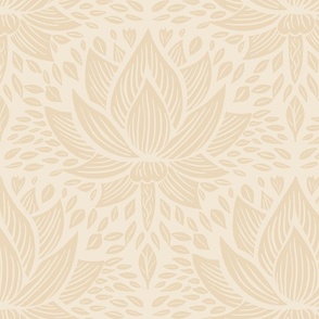 stylized lotus flowers. Warm light neutral background with sunny beige flowers and ornaments - medium scale