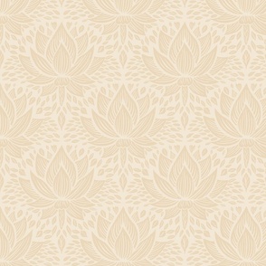 stylized lotus flowers. Warm light neutral background with sunny beige flowers and ornaments - small scale