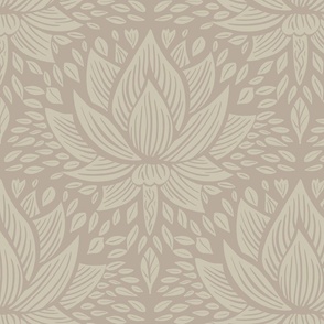 stylized lotus flowers. Warm brown background with beige flowers and ornaments - medium scale