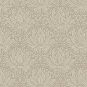 stylized lotus flowers. Warm brown background with beige flowers and ornaments - small scale