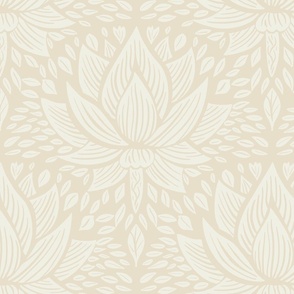 stylized lotus flowers. beige background with Off white neutral flowers and ornaments - medium scale