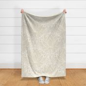 stylized lotus flowers. Off white neutral background with beige flowers and ornaments - large scale