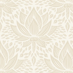 stylized lotus flowers. Off white neutral background with beige flowers and ornaments - medium scale