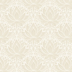 stylized lotus flowers. Off white neutral background with beige flowers and ornaments - small scale