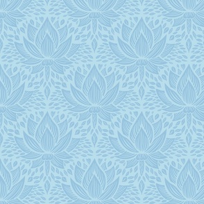 stylized lotus flowers. Cyan / light blue background with sky blue flowers and ornaments - small scale