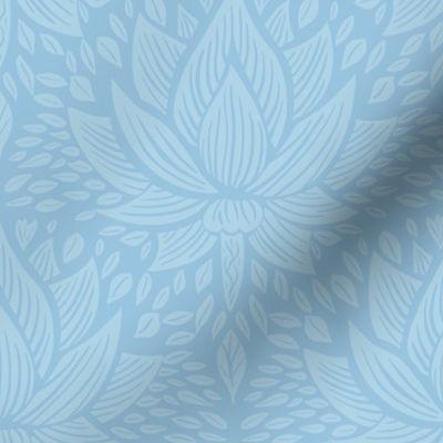 stylized lotus flowers. Cyan / sky blue background with light blue flowers and ornaments - small scale