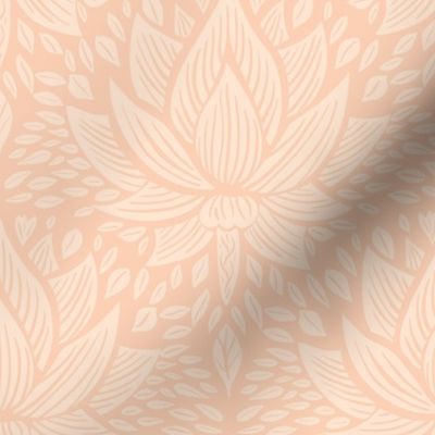 stylized lotus flowers. Peach / Apricot background with lighter flowers and ornaments - small scale