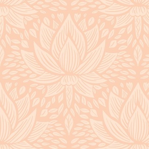 stylized lotus flowers. Peach / Apricot background with lighter flowers and ornaments - medium scale