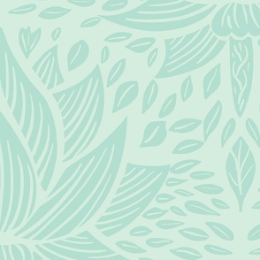stylized lotus flowers. Light mint green background with Mint / Turquoise flowers and ornaments - large scale
