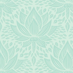 stylized lotus flowers. Light mint green background with Mint / Turquoise flowers and ornaments - medium scale