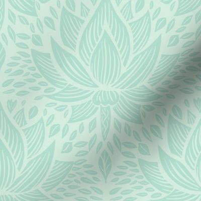 stylized lotus flowers. Light mint green background with Mint / Turquoise flowers and ornaments - small scale