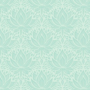 stylized lotus flowers. Light mint green background with Mint / Turquoise flowers and ornaments - small scale