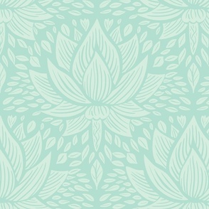 stylized lotus flowers. Mint / Turquoise  background with light Mint green flowers and ornaments - medium scale