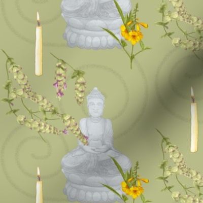 Meditation with Buddha, Candles, Lebanese Oregano, and Yellow Bell Flowers on Vintage  (Small Format)