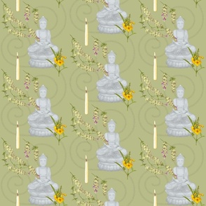 Meditation with Buddha, Candles, Lebanese Oregano, and Yellow Bell Flowers on Vintage  (Small Format)