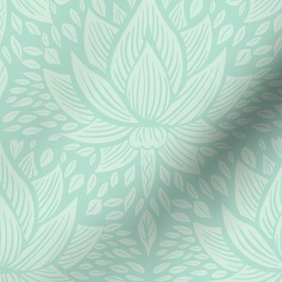 stylized lotus flowers. Mint / Turquoise  background with light Mint green flowers and ornaments - small scale