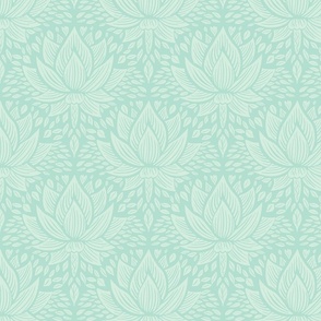 stylized lotus flowers. Mint / Turquoise  background with light Mint green flowers and ornaments - small scale