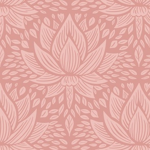 stylized lotus flowers. Broken red / pink background with lighter flowers and ornaments - medium scale