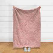 stylized lotus flowers. Broken red / pink background with lighter flowers and ornaments - large scale