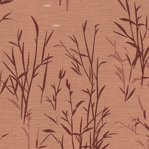 Shades of Serenity - green grass with leaves in shades of red brown on muted earth red  with linen texture - medium scale