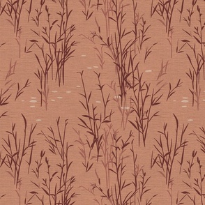 Shades of Serenity - green grass with leaves in shades of red brown on muted earth red  with linen texture - small scale