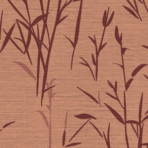 Shades of Serenity - green grass with leaves in shades of red brown on muted earth red  with linen texture - large scale