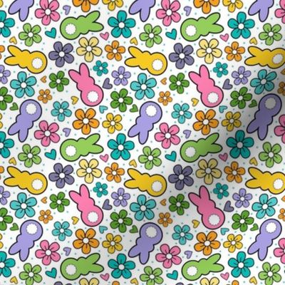 Smaller Scale Easter Bunnies and Spring Flowers Colorful Pastels