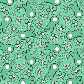 Smaller Scale Easter Bunnies and Spring Flowers Jade Green