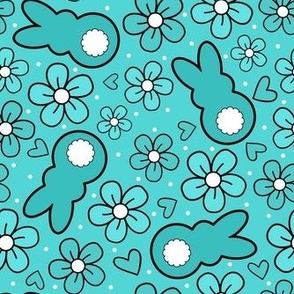 Bigger Scale Easter Bunnies and Spring Flowers Turquoise
