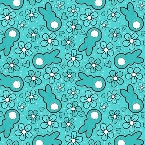 Smaller Scale Easter Bunnies and Spring Flowers Turquoise