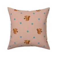 Woodland Squirrels and Blue Polka Dots on Pink Background