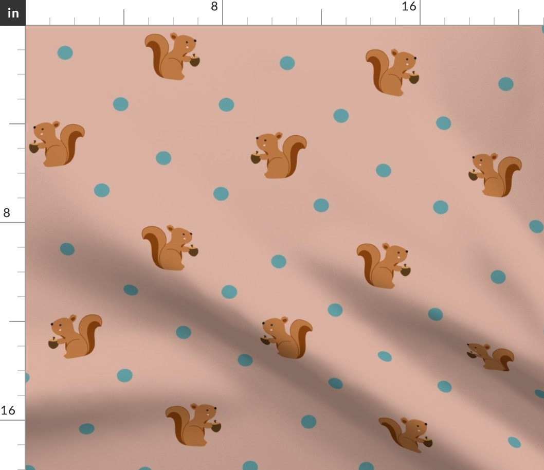 Woodland Squirrels and Blue Polka Dots on Pink Background