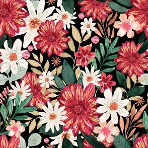 Autumnal Elegance, Hand Painted  Fall Florals on Black, Large Scale