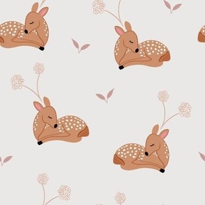 Woodland Flower Deer and Blossoms on Light Gray Background