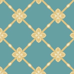 Geometric diagonal trellis with simple rosette in wheat gold, natural white on sea blue teal