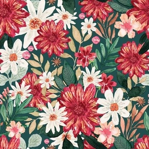 Autumnal Elegance, Hand Painted  Fall Florals on Forest Green, Large Scale