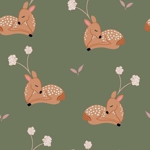 Woodland Flower Deer and Blossoms on Dark Green Background