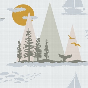 Coastal Scandinavian Scape Touch of Yellow Sunshine Large - landscape, fish, sailboats, mountains, birds, trees, minimalist, relaxing, kids, nursery, wallpaper, bedding, metallic