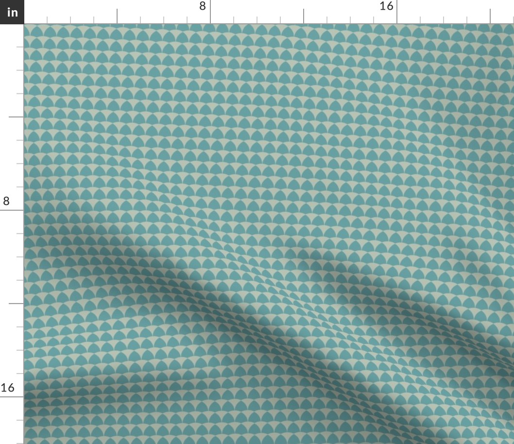 Small simple Art Deco Scallop repeat in sea blue teal and duck egg green