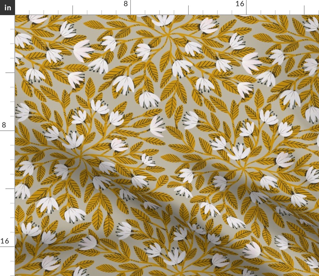 Serene Flowers - White on Taupe Background with Mustard Leaves - Medium