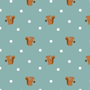 Woodland Squirrels and White Polka Dots on Mint Green Background