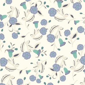 All-Over blue Floral Charm: Flowers with stalks and large leaves on cream