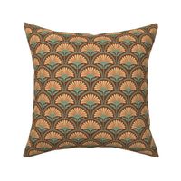 Daisy Scallop design gold_ terracotta_ middle green_ sea green on brown-01
