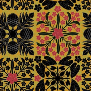 black and red Plumeria Ulu Kalo Quilt on mustard with small pattern